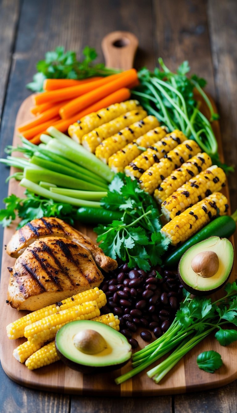 A colorful array of fresh vegetables, grilled chicken, corn, black beans, and avocado arranged on a wooden cutting board