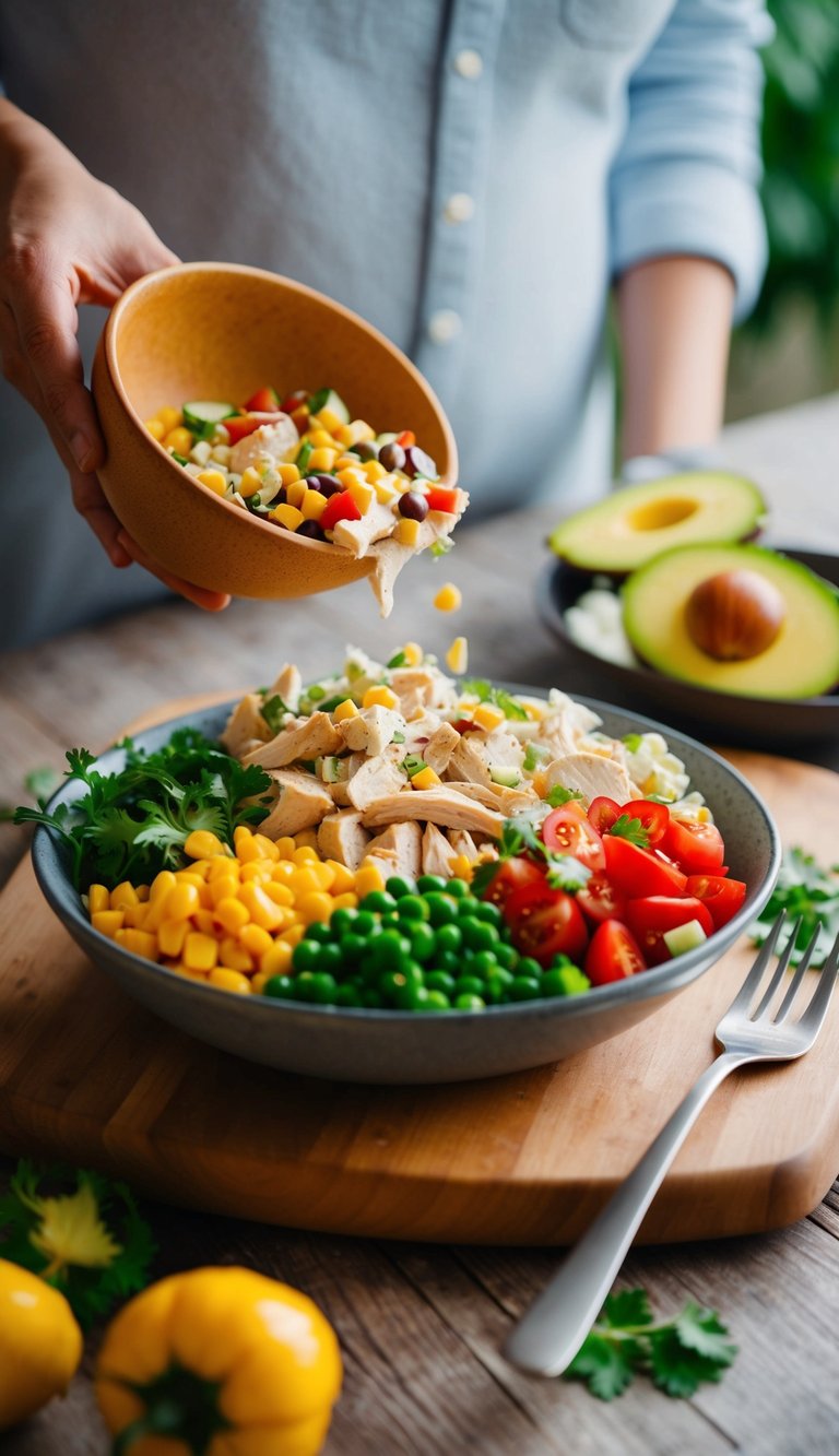 A colorful southwest chicken salad being prepared with fresh ingredients on a wooden cutting board