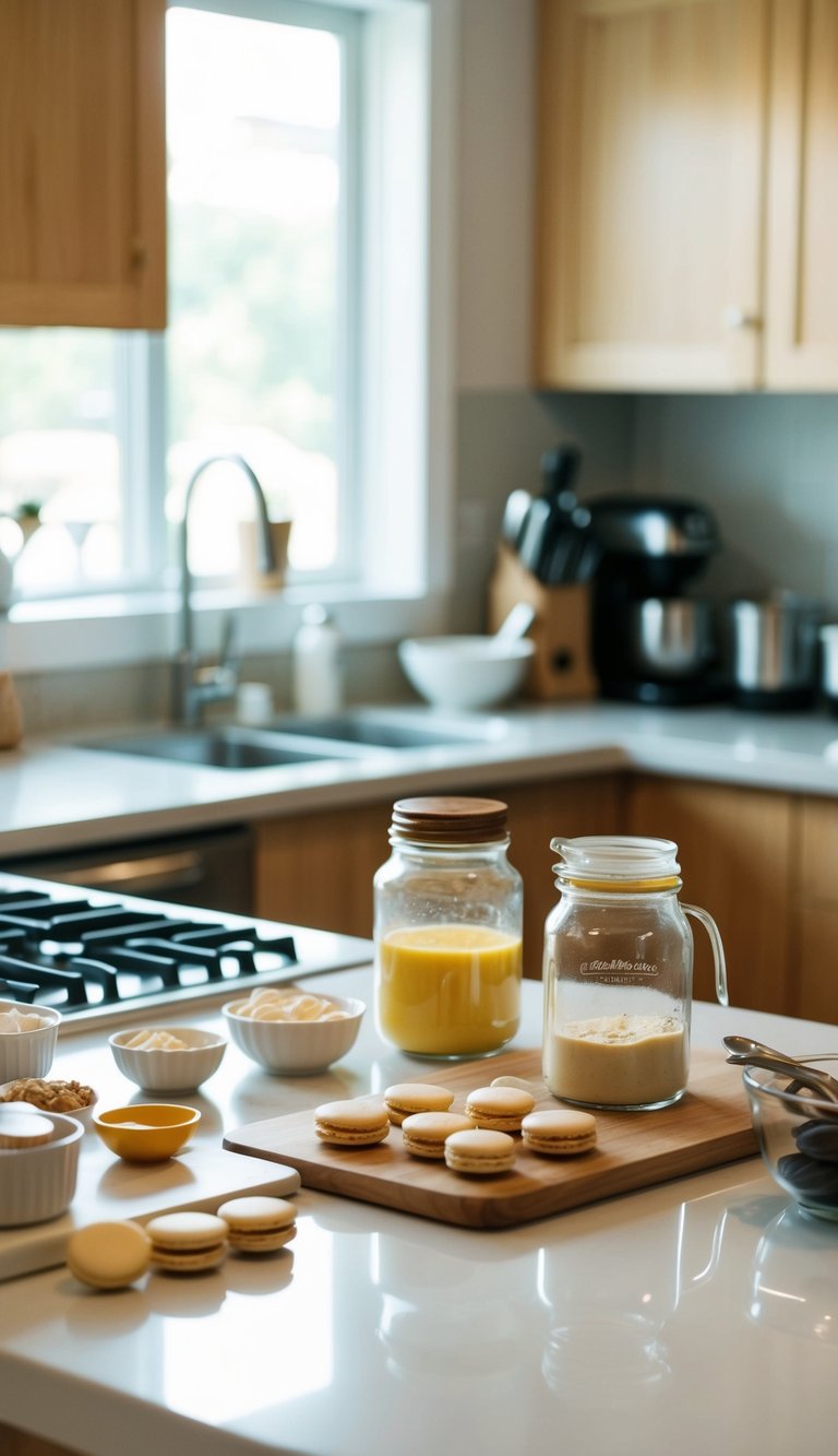 A clutter-free kitchen counter with ingredients and utensils laid out for making macarons