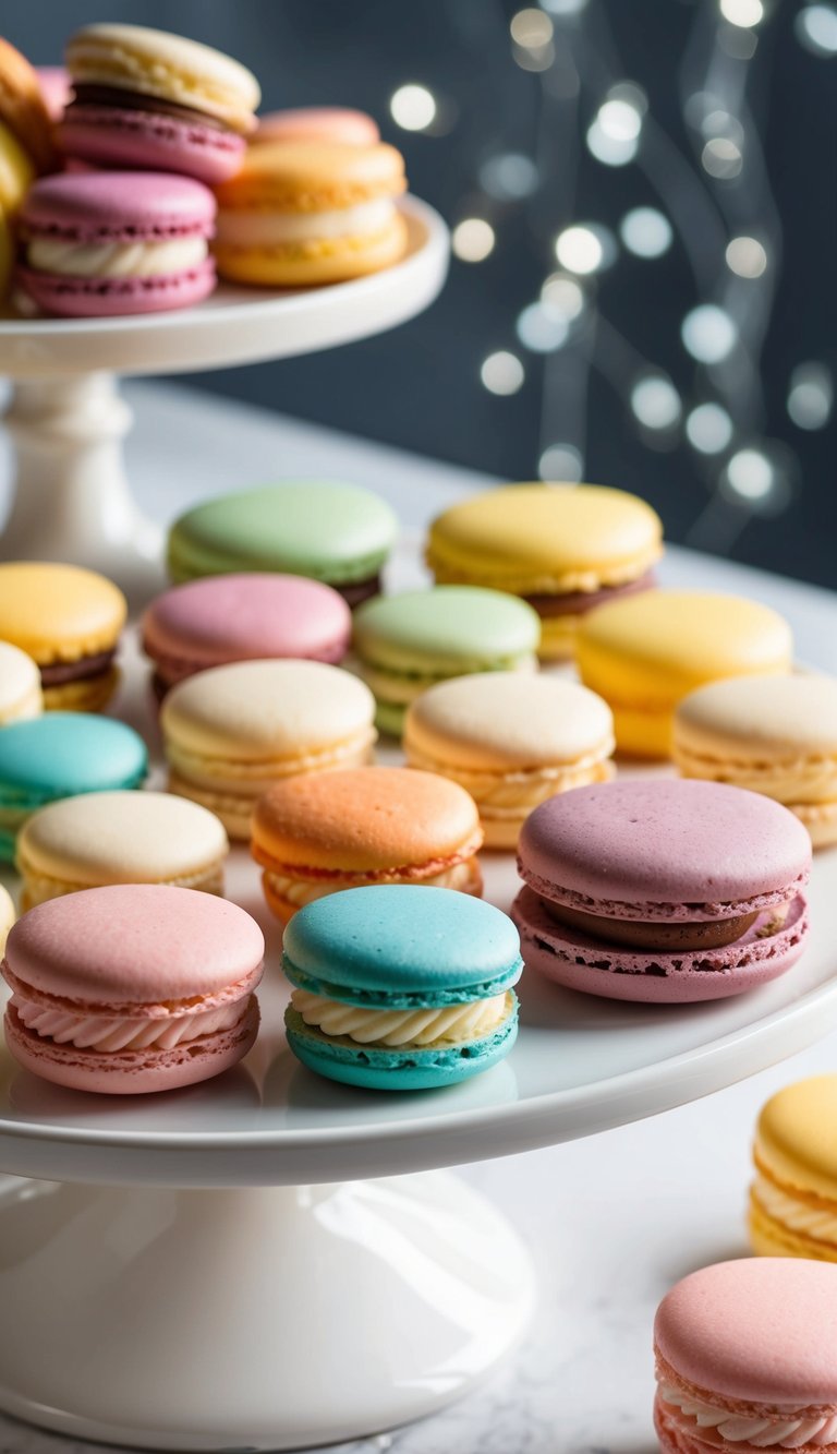 A colorful array of macarons in various flavors and sizes, arranged on a pristine white serving platter