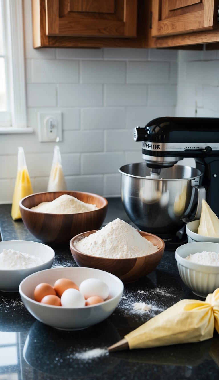 A cluttered kitchen counter with bowls of almond flour, powdered sugar, and egg whites, alongside a mixer and piping bags