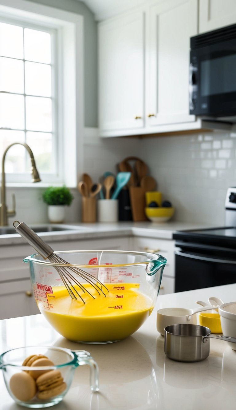 A clean kitchen counter with a mixing bowl, whisk, measuring cups, and ingredients for making easy macarons