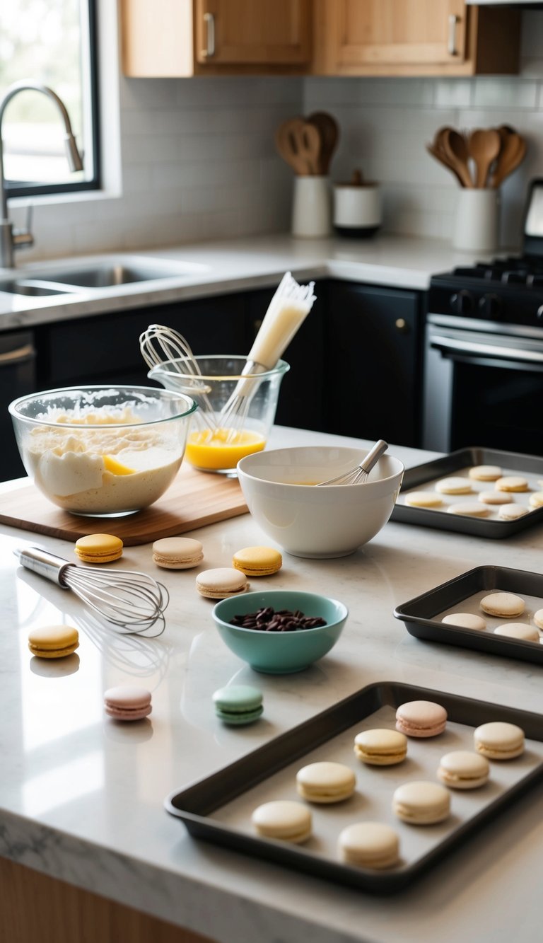 A kitchen counter with ingredients and tools laid out for making macarons, including a mixing bowl, whisk, piping bag, and trays lined with parchment paper
