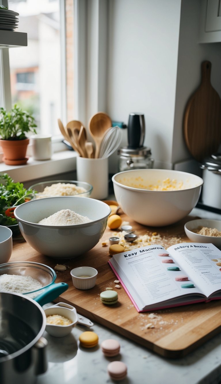 A cluttered kitchen counter with scattered ingredients and utensils, a mixing bowl, and a recipe book open to an easy macaron recipe