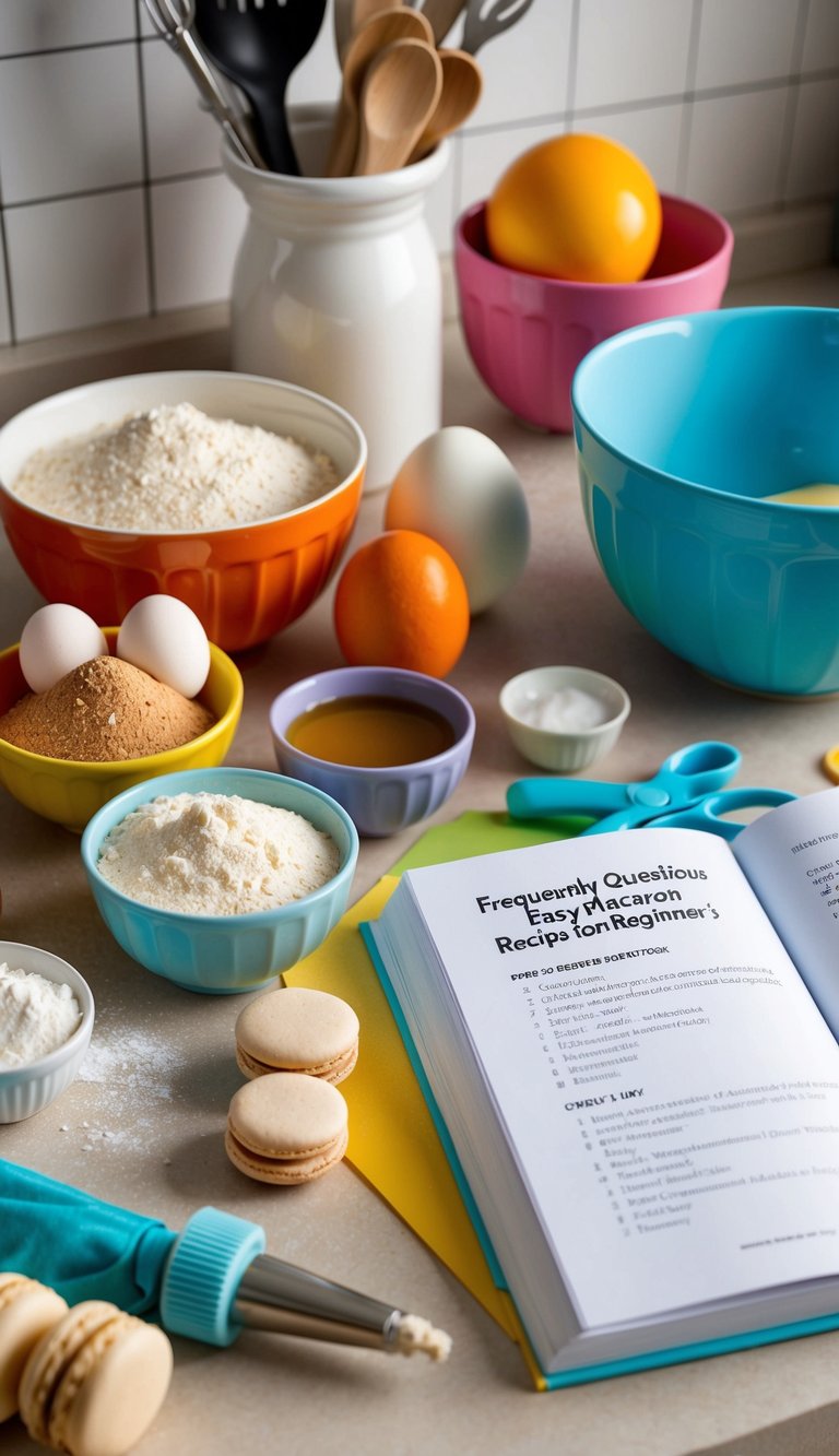 A colorful kitchen counter with ingredients and utensils for making macarons, including almond flour, egg whites, piping bag, and a recipe book open to the "Frequently Asked Questions Easy Macaron Recipe for Beginners" page