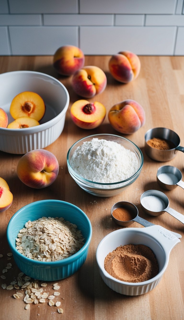 A kitchen counter with fresh peaches, oats, flour, sugar, and cinnamon. A mixing bowl, measuring cups, and a baking dish are laid out