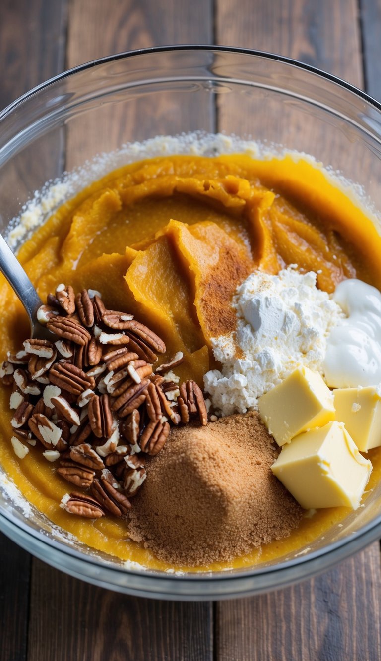 A mixing bowl filled with pumpkin puree, cake mix, and melted butter. A layer of chopped pecans and cinnamon sprinkled on top
