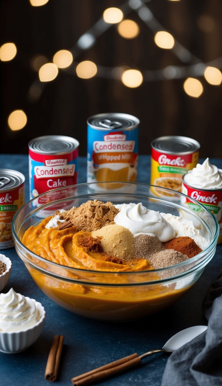A mixing bowl filled with pumpkin puree, cake mix, and spices, surrounded by cans of condensed milk and whipped cream