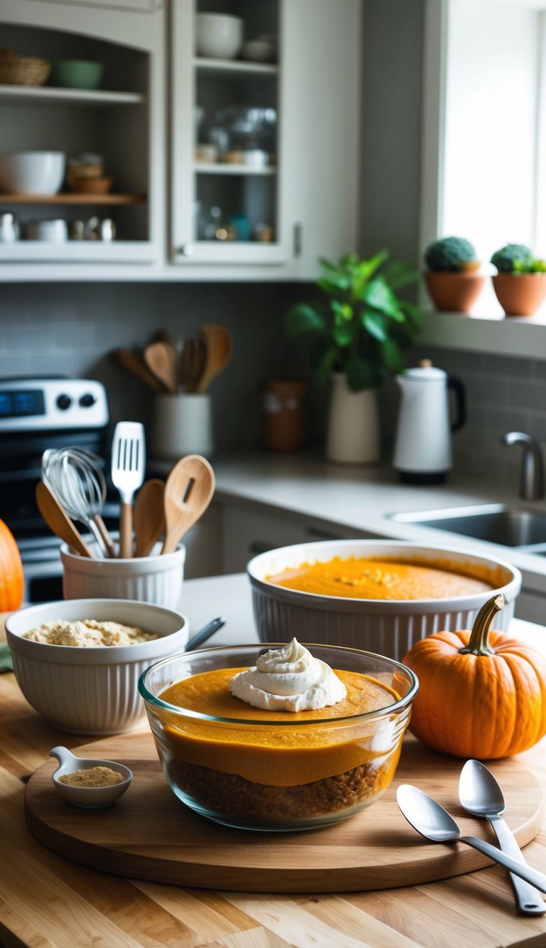 A kitchen counter with ingredients and utensils for making a pumpkin dump cake