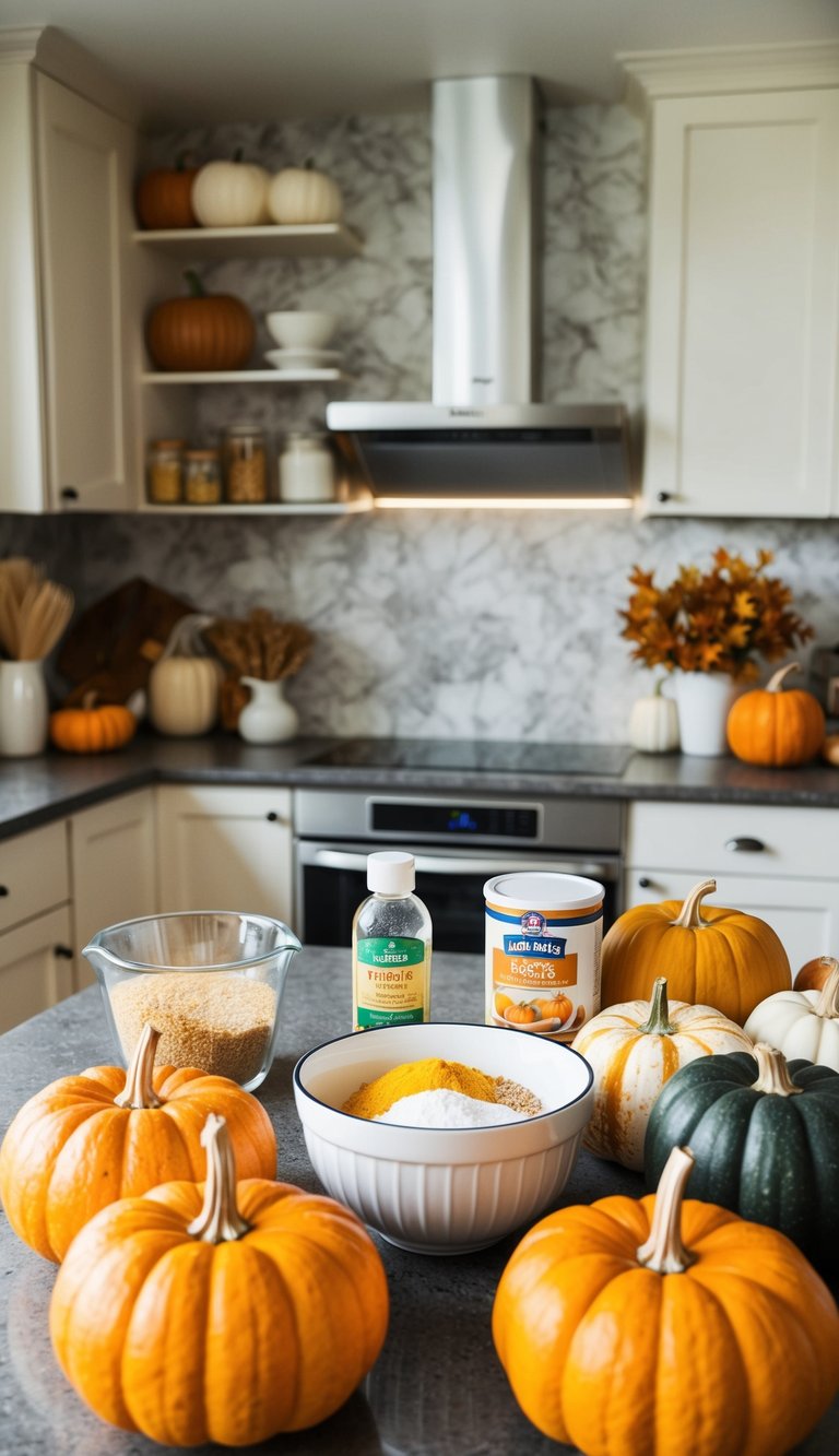 A kitchen counter with ingredients and a mixing bowl, surrounded by pumpkins and fall decorations