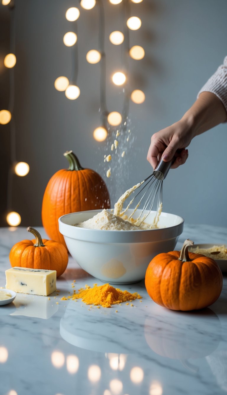 A mixing bowl surrounded by spilled ingredients, with a pumpkin, cake mix, and butter on a table