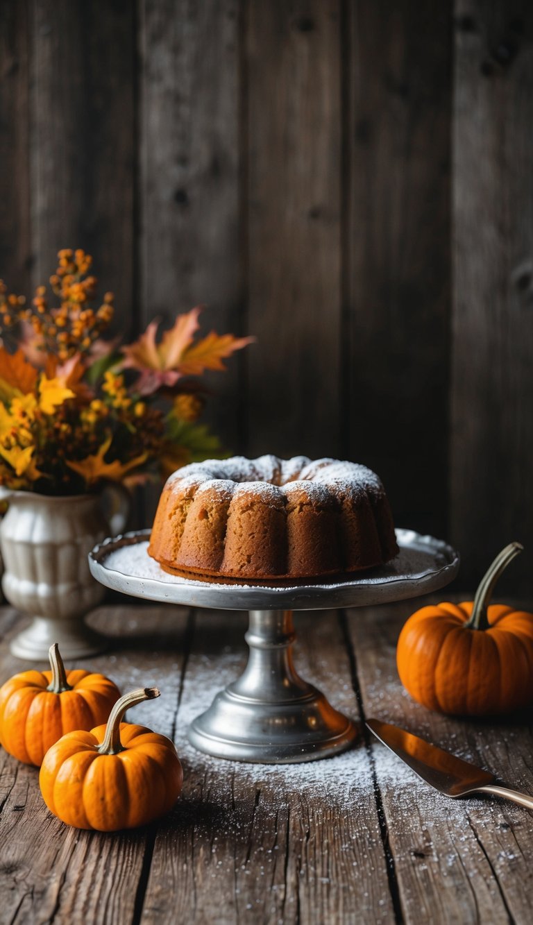A rustic wooden table with a freshly baked pumpkin dump cake on a vintage cake stand, surrounded by fall foliage and a sprinkle of powdered sugar
