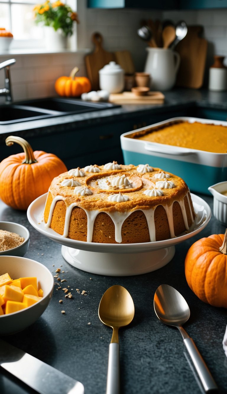 A pumpkin dump cake surrounded by ingredients and utensils on a kitchen counter