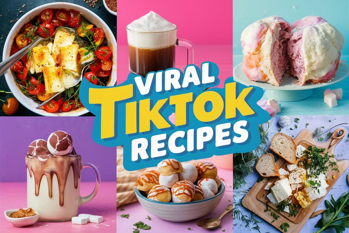 A colorful collage of enticing food, featuring cheese, coffee, dessert, bread, and vegetables, with "Viral TikTok Recipes" text in bold letters.