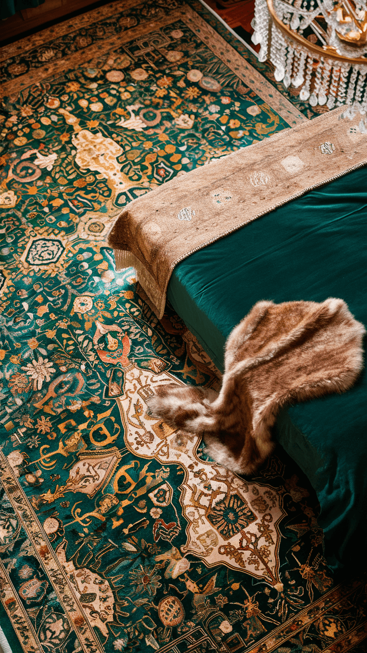 Luxurious room features an intricate teal and gold-patterned rug, a green velvet bed with elegant fur detail, and a crystal chandelier.