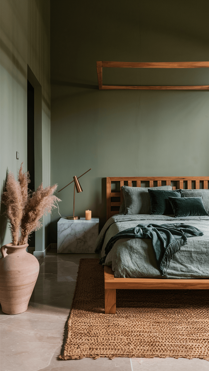 A serene bedroom with a wooden bed, green bedding, pampas grass, marble side table, and modern lamp against olive walls and textured rug.