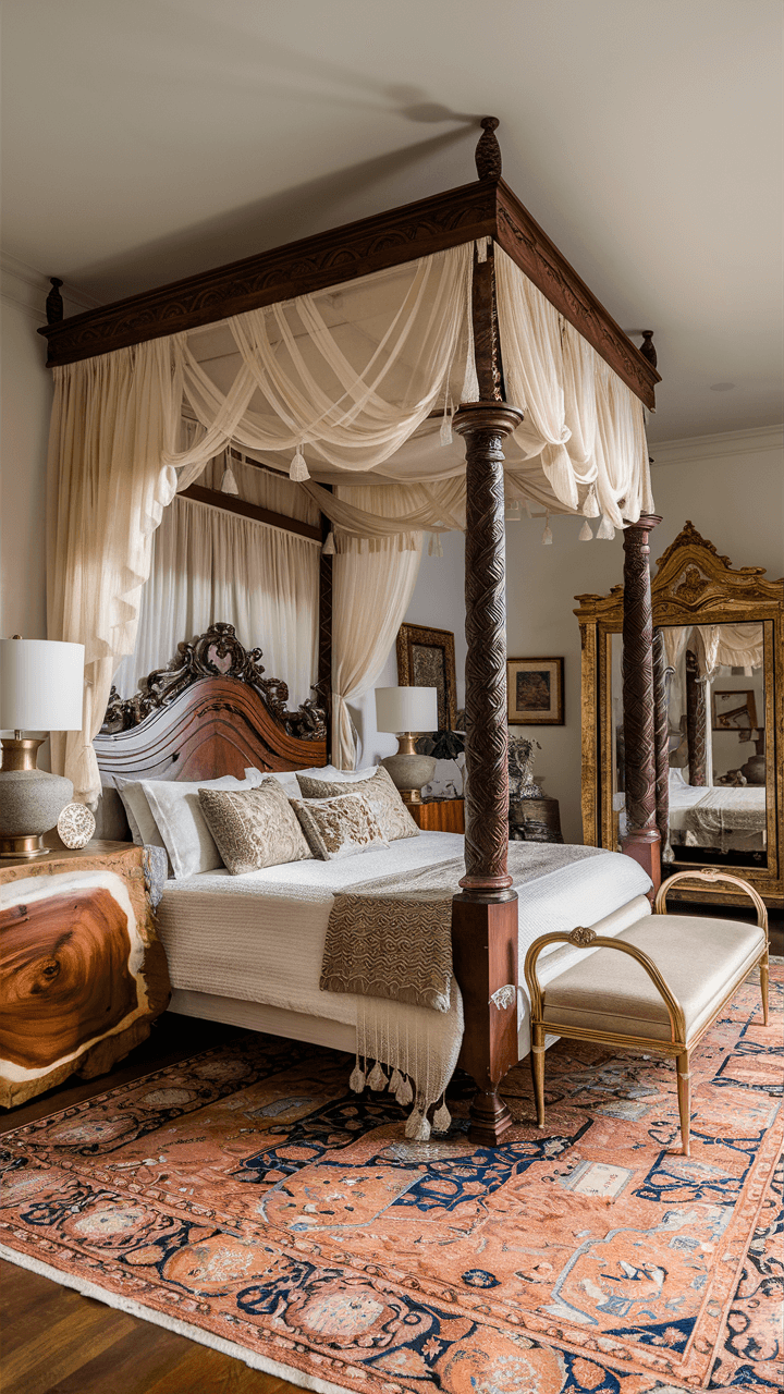 Elegant bedroom with a carved canopy bed, draped sheer curtains, ornate mirror, and vintage rug accentuating classic interior design elements.