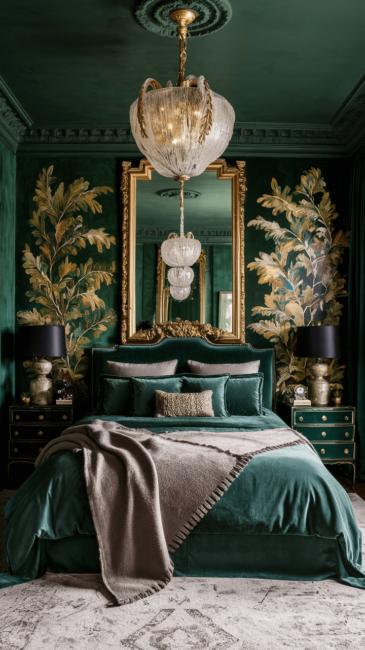 Luxurious bedroom with a green velvet bed, elegant chandelier, and gold-framed mirror. Ornate wallpaper features botanical designs, creating a sophisticated atmosphere.