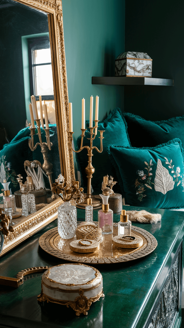 Elegant vanity setup featuring gold-framed mirror, ornate candelabras, perfumes, and decorative green pillows, creating a luxurious, vintage atmosphere.