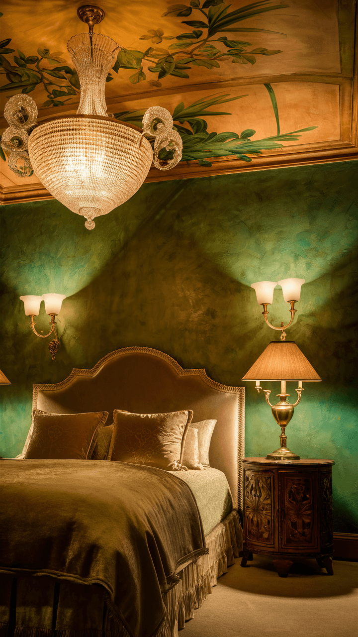 Elegant bedroom with an ornate chandelier, green walls, luxurious bedding, wall sconces, and a painted ceiling, creating a cozy, sophisticated ambiance.