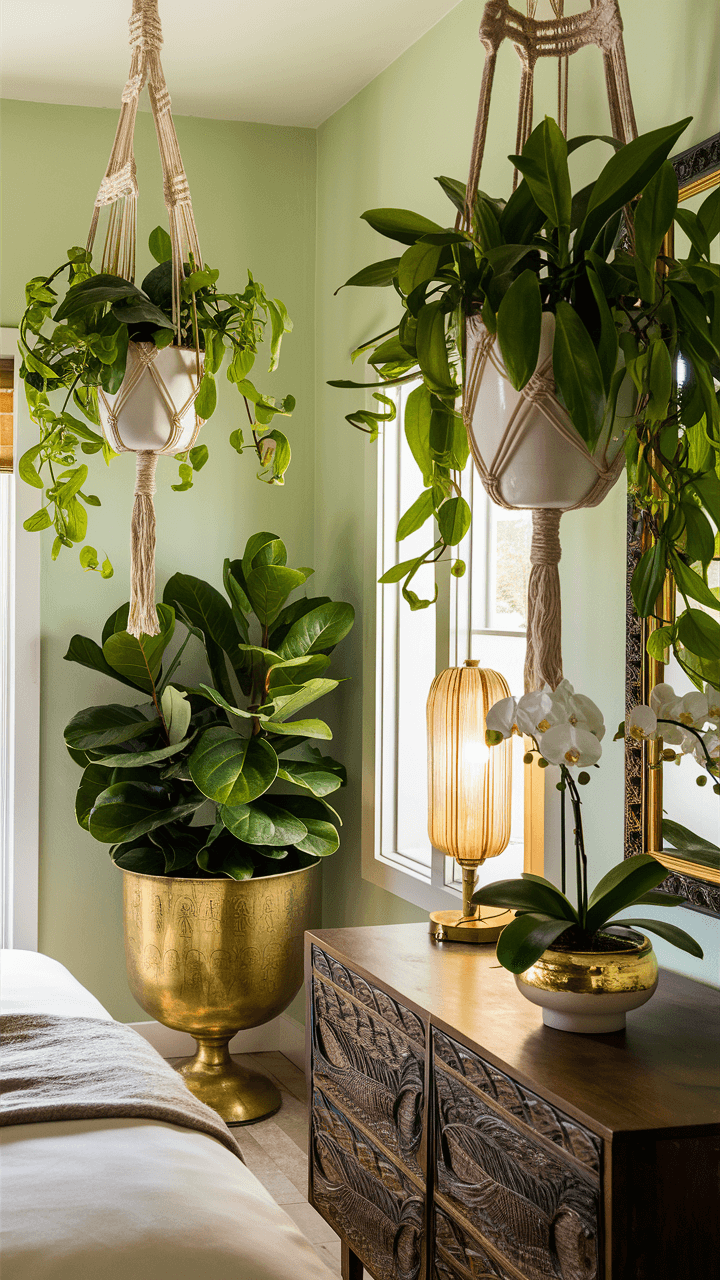 A cozy room features abundant greenery, hanging plants, a carved wooden dresser, and warm lighting, creating a serene, natural ambiance.