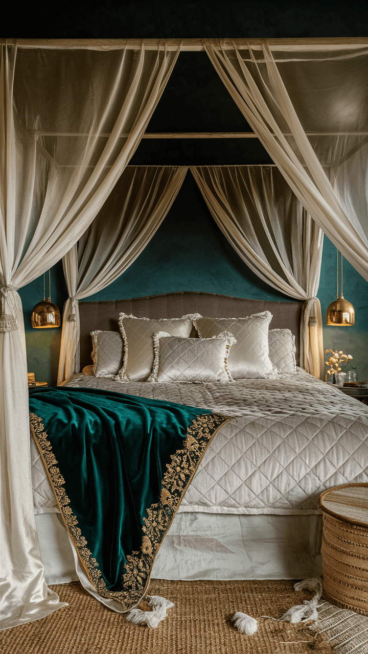 Elegant bedroom with a luxurious canopy bed, green velvet throw, gold accents, and sheer curtains, creating a cozy and sophisticated ambiance.
