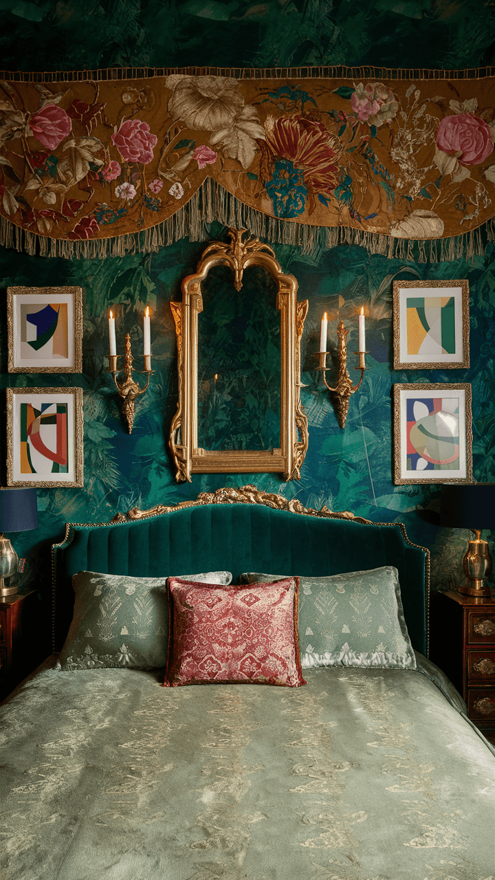 Luxurious bedroom with green velvet headboard, ornate mirror, floral tapestry, candle sconces, and abstract art. Elegant decor and rich, warm colors.