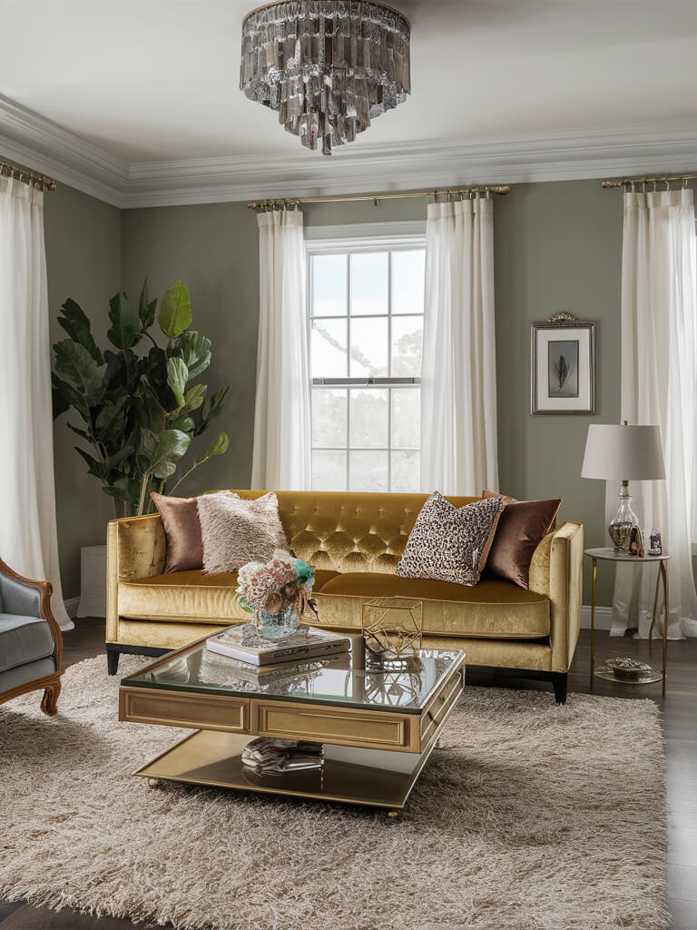 Elegant living room with yellow sofa, mirrored coffee table, plush rug, and a crystal chandelier. Neutral walls and plant accent the decor.