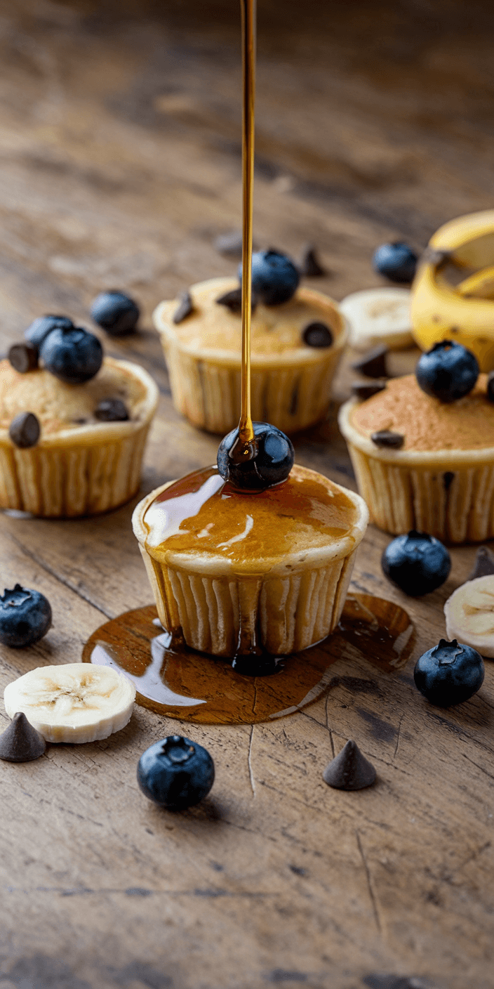 Mini pancakes drizzled with syrup topped with blueberries, surrounded by banana slices, blueberries, and chocolate chips on a rustic wooden table.