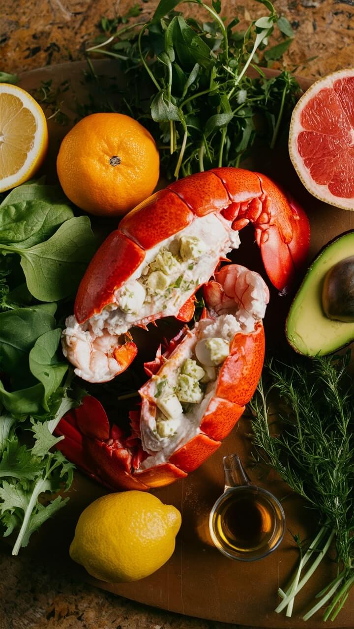 Lobster tail stuffed with avocado, surrounded by lemon, orange, greens, and herbs on a rustic surface. Small glass container with liquid.