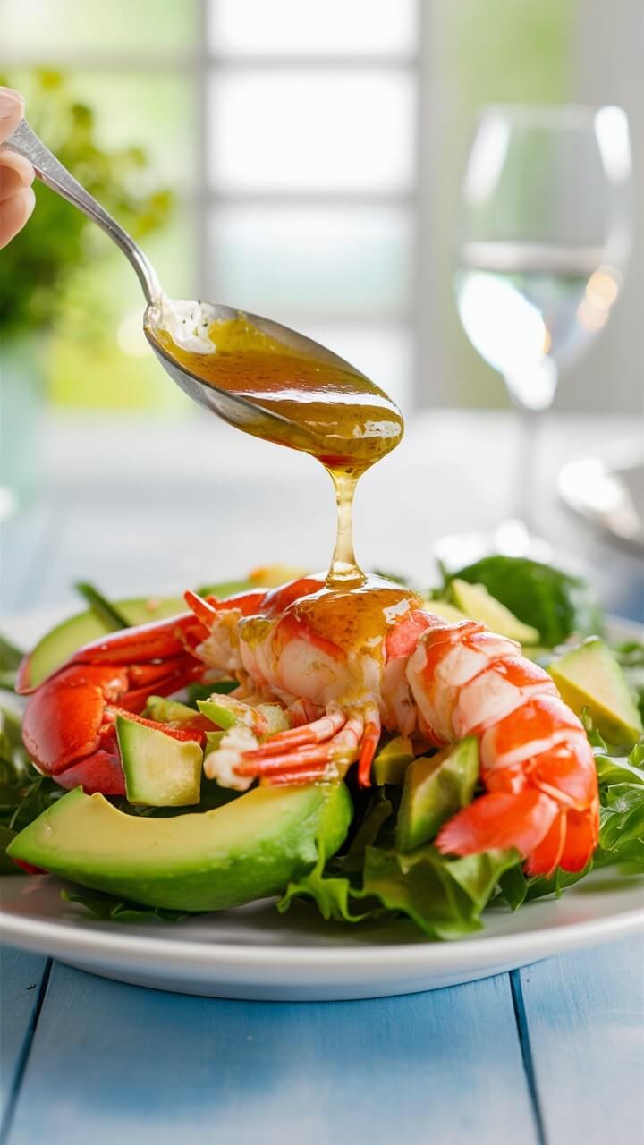 A person pours dressing over a fresh salad with lobster and avocado, set on a light blue table, with a glass in the background.