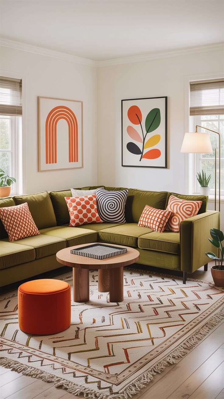 Cozy living room with olive green sectional, colorful geometric cushions, abstract wall art, patterned rug, wooden table, and bright orange ottoman.