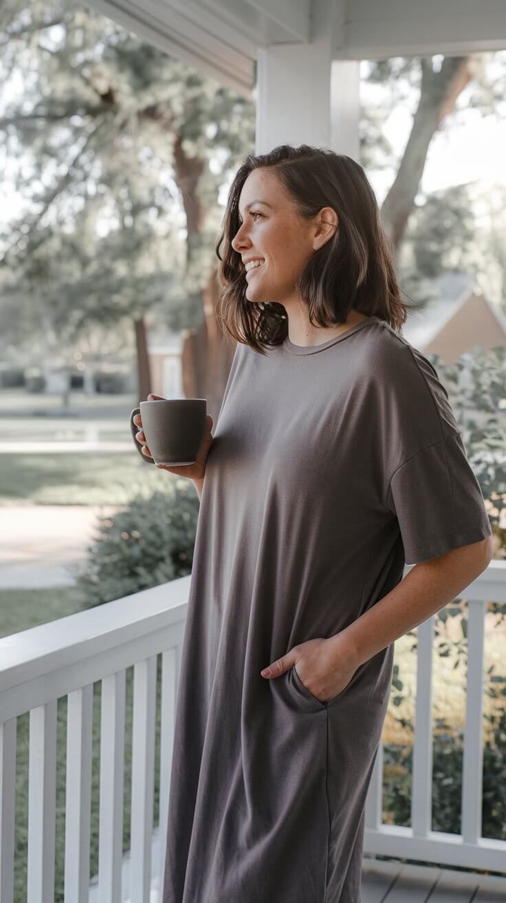 A person in a grey dress holding a mug stands on a porch, smiling, with a blurred green garden background.