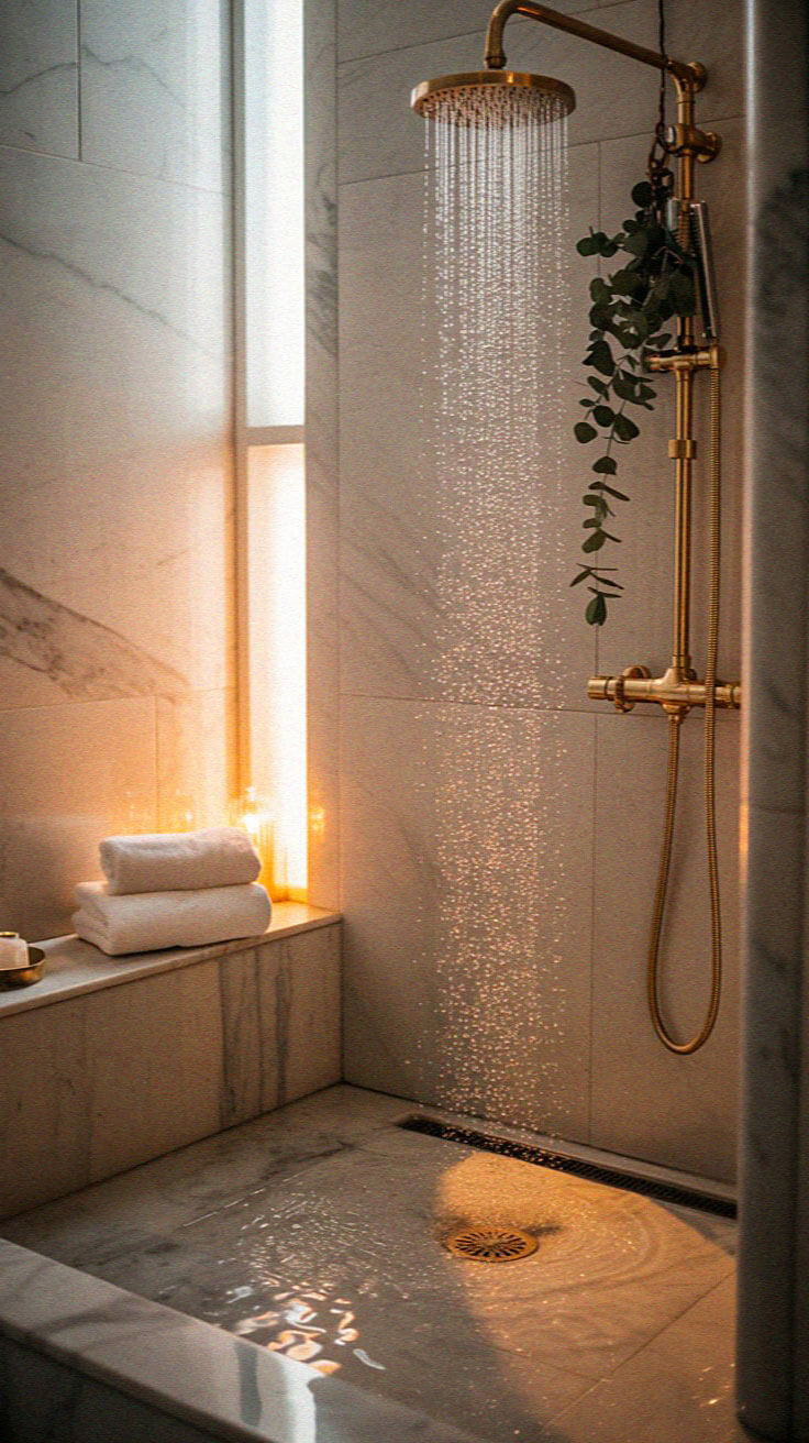 Elegant bathroom with a marble shower, gold fixtures, and eucalyptus decor. Soft candlelight and folded towels enhance the serene atmosphere.