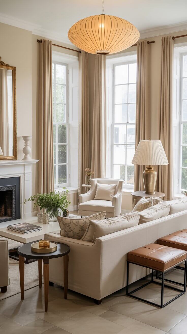 Elegant living room with large windows, plush seating, and neutral tones. Features a fireplace, modern chandelier, and stylish decor, creating a cozy atmosphere.