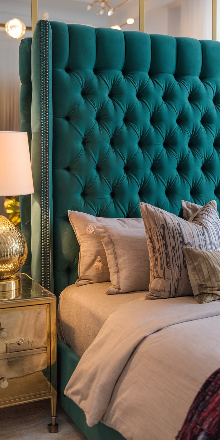 Luxurious bedroom featuring tufted teal headboard, gold bedside table, and decorative pillows, creating an elegant and cozy atmosphere.