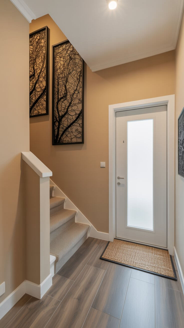 A cozy, modern entryway features wooden flooring, beige walls, and two elegant framed artworks. Carpeted stairs lead upward, adjacent to a white door.
