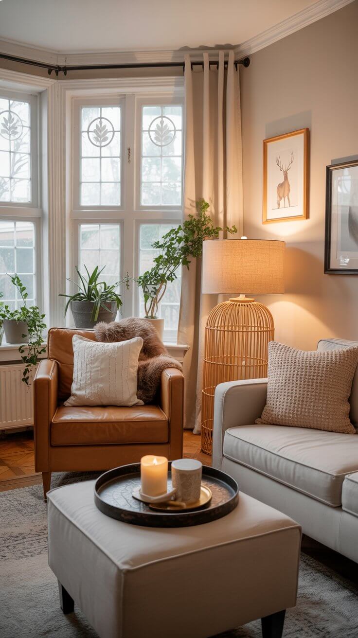 Cozy living room with leather chair, plush pillows, candles on an ottoman, potted plants, wicker lamp, and deer artwork by large windows.