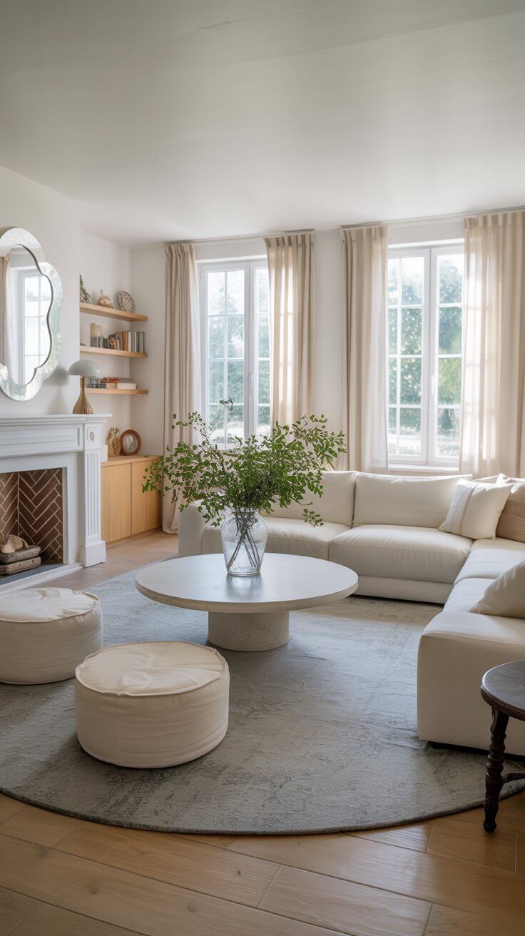 Bright living room with beige sofa, round table, poufs, and fireplace. Large windows with sheer curtains; minimalistic and airy decor.