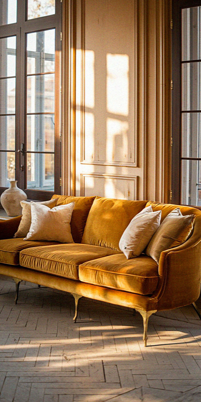 A sunlit room features a luxurious mustard sofa, plush cushions, and elegant molding, creating a warm, inviting atmosphere in an upscale setting.