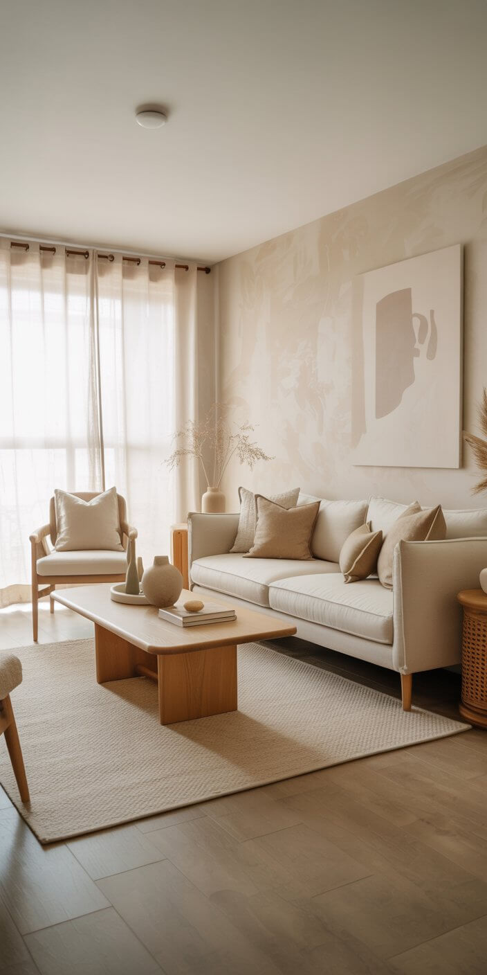 Minimalist living room with natural light, neutral tones, and simple decor. Features a cozy sofa, armchair, coffee table, and abstract wall art.