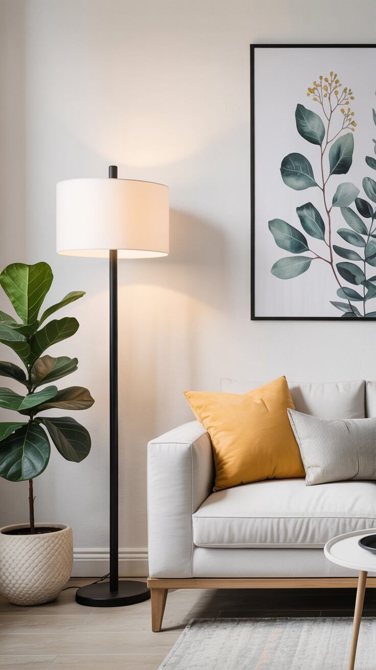 A cozy living room features a white sofa, mustard cushion, floor lamp, leafy artwork, and a potted plant against a neutral wall.
