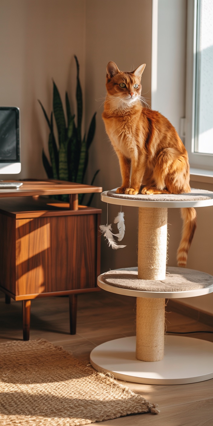 A ginger cat sits on a cat tree by a window in a sunlit room with a plant and a wooden cabinet.