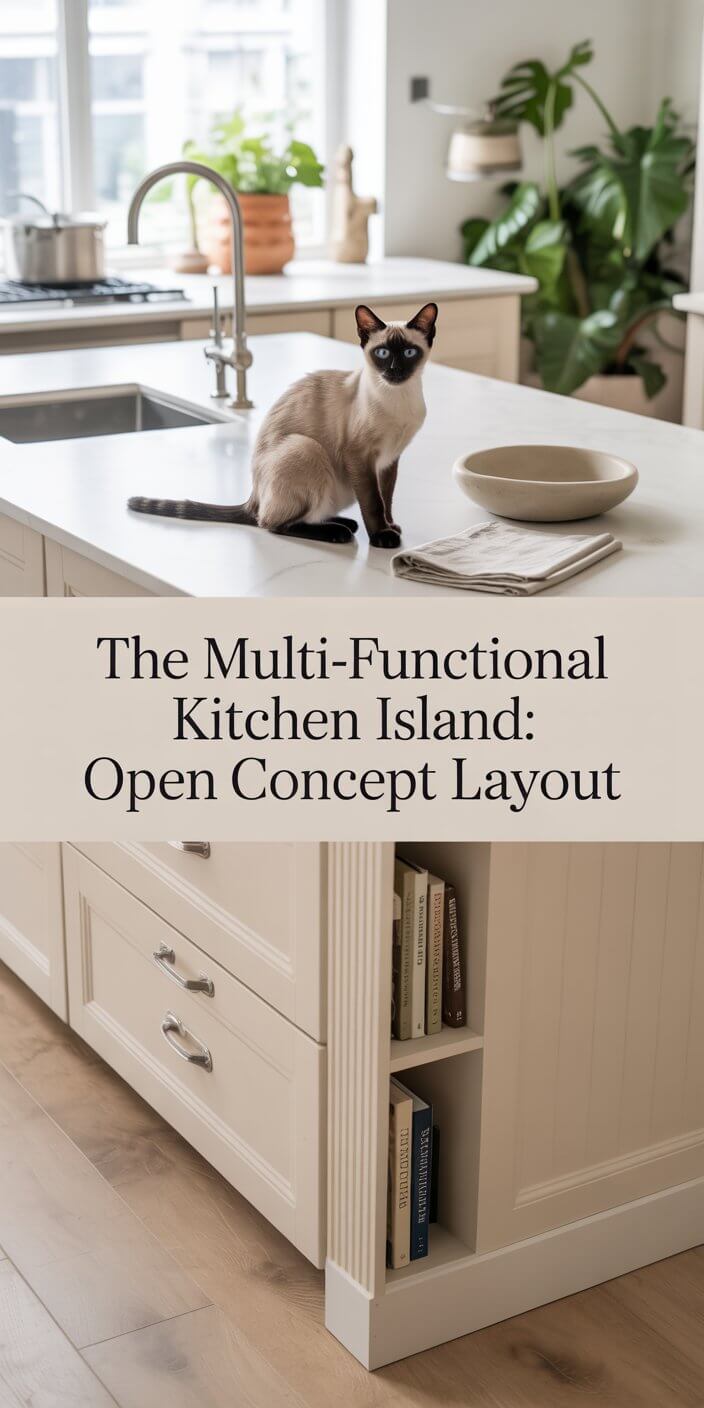 A Siamese cat sits calmly on the countertop of an open-concept kitchen with a white island