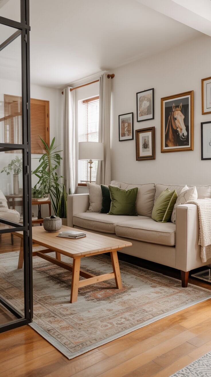 Cozy living room with a beige sofa, green cushions, wooden coffee table, potted plants, and framed horse artwork on a neutral wall.