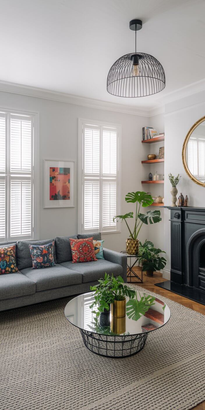 Cozy living room with a gray sofa, colorful cushions, mirror-top coffee table, fireplace, wall art, houseplant, and modern pendant light fixture.