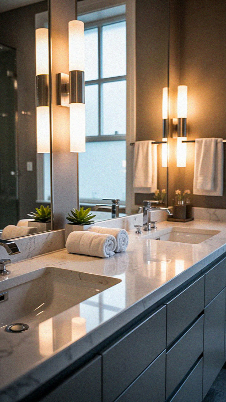 Modern bathroom with dual sinks, illuminated mirrors, rolled towels, and a potted plant on a marble countertop, reflecting a clean and elegant design.