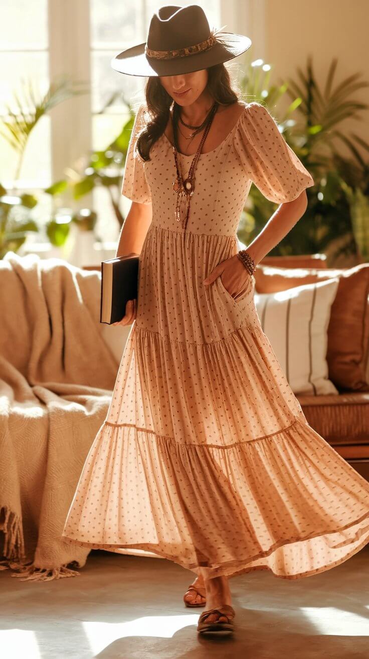 A person wearing a hat and patterned dress holds a book while walking indoors, surrounded by plants and sunlight streaming through windows.
