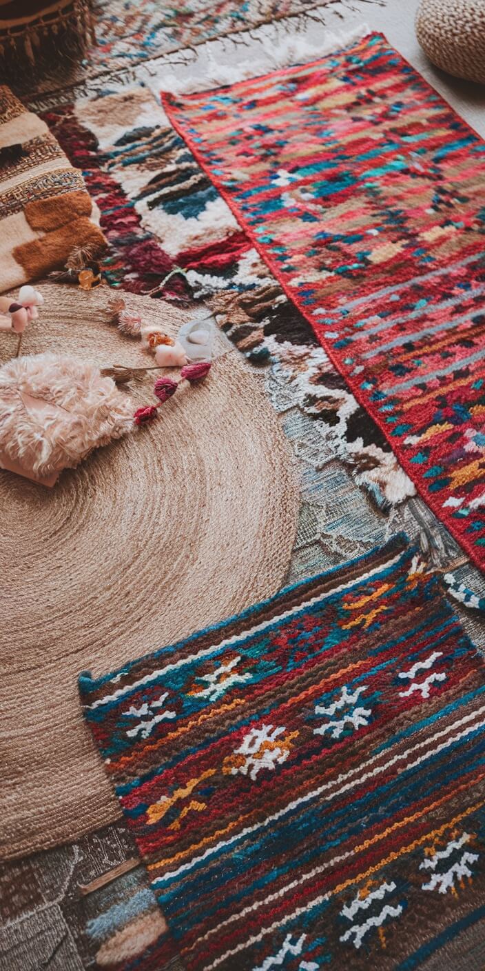 Colorful woven rugs and textiles are arranged, showcasing intricate patterns and textures on a layered, decorative display. Items include a round jute mat.