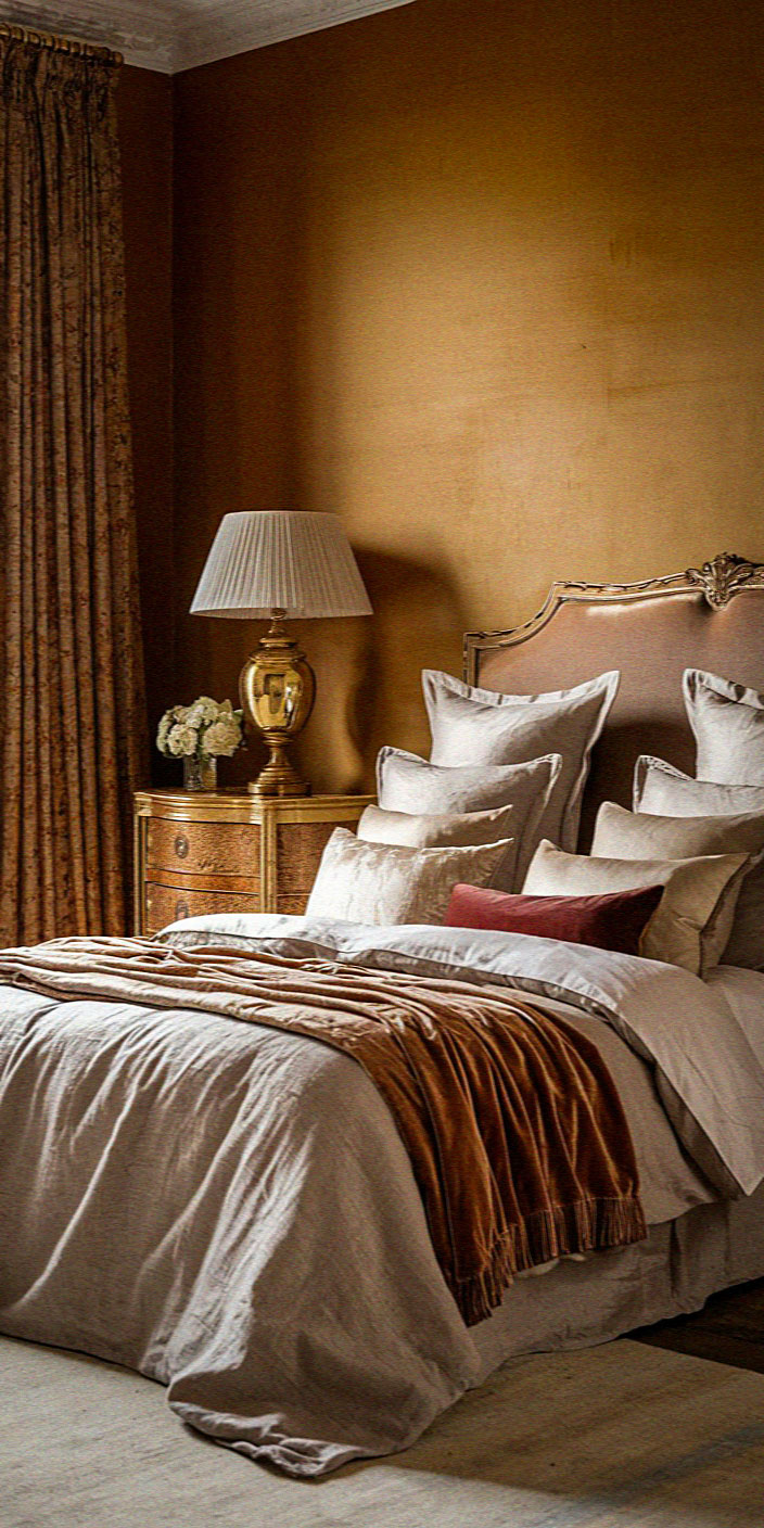 Elegant bedroom with a plush bed, ornate headboard, and luxury pillows. A vintage nightstand, lamp, and drapes complete the warm, classic decor.